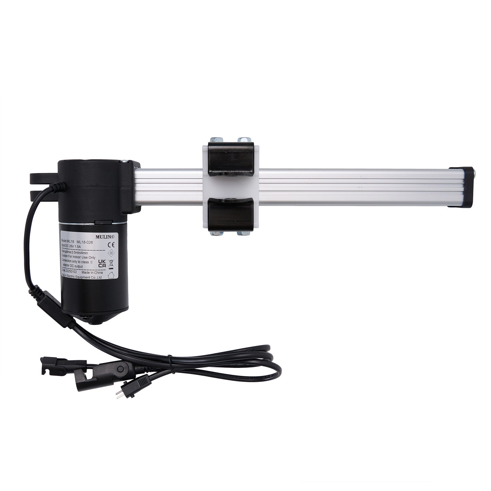 MULIN ML18-026 linear actuator for recliner or lift chair, featuring a black motor housing, silver actuating arm, and attached cables with plugs.