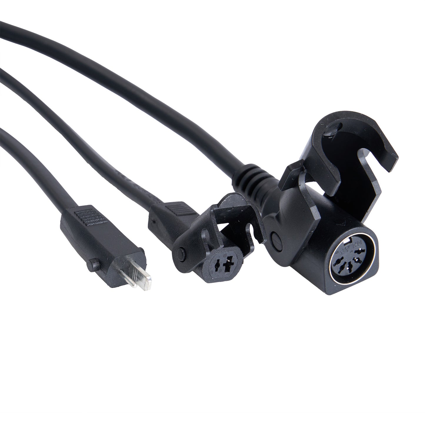 Black audio cable with various connectors on a white background