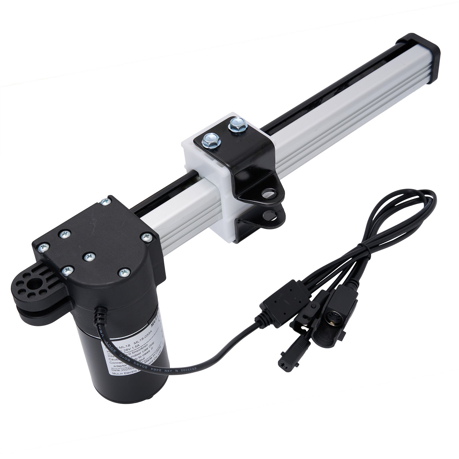 Mechanical linear actuator with power cable on a white background