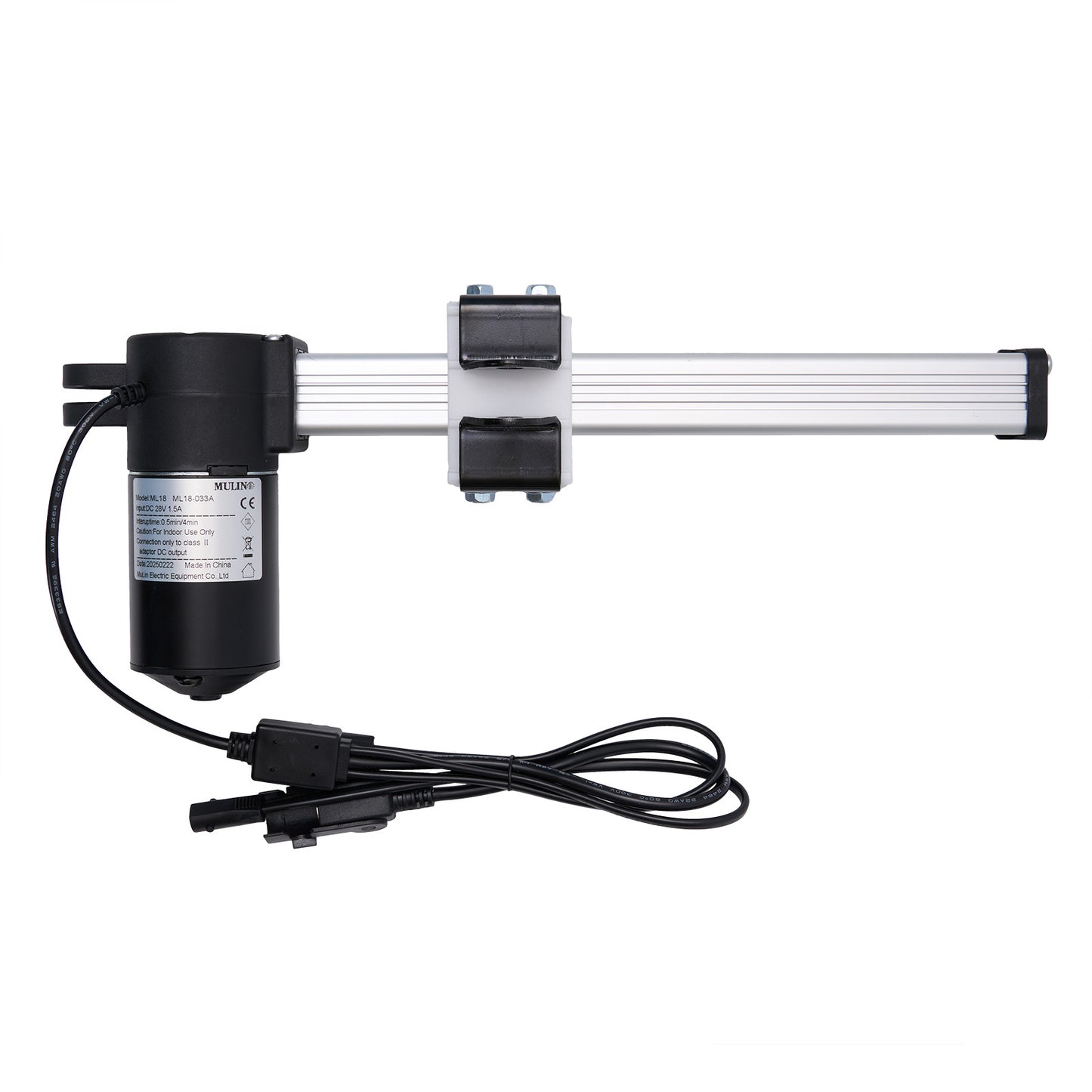 A MULIN brand linear actuator for recliner or lift chair, featuring a black motor housing, a silver actuator arm, and attached cables with plugs.