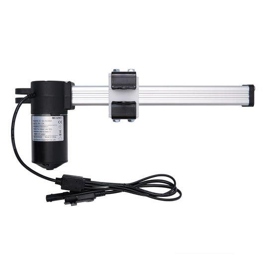 A MULIN brand linear actuator for recliner or lift chair, featuring a black motor housing, a silver actuator arm, and attached cables with plugs.