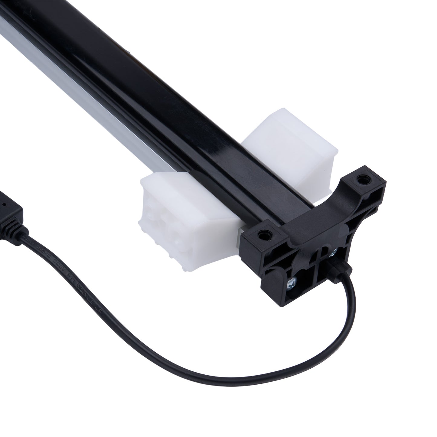 Black metal rod with white plastic connectors and a black cable on a white background