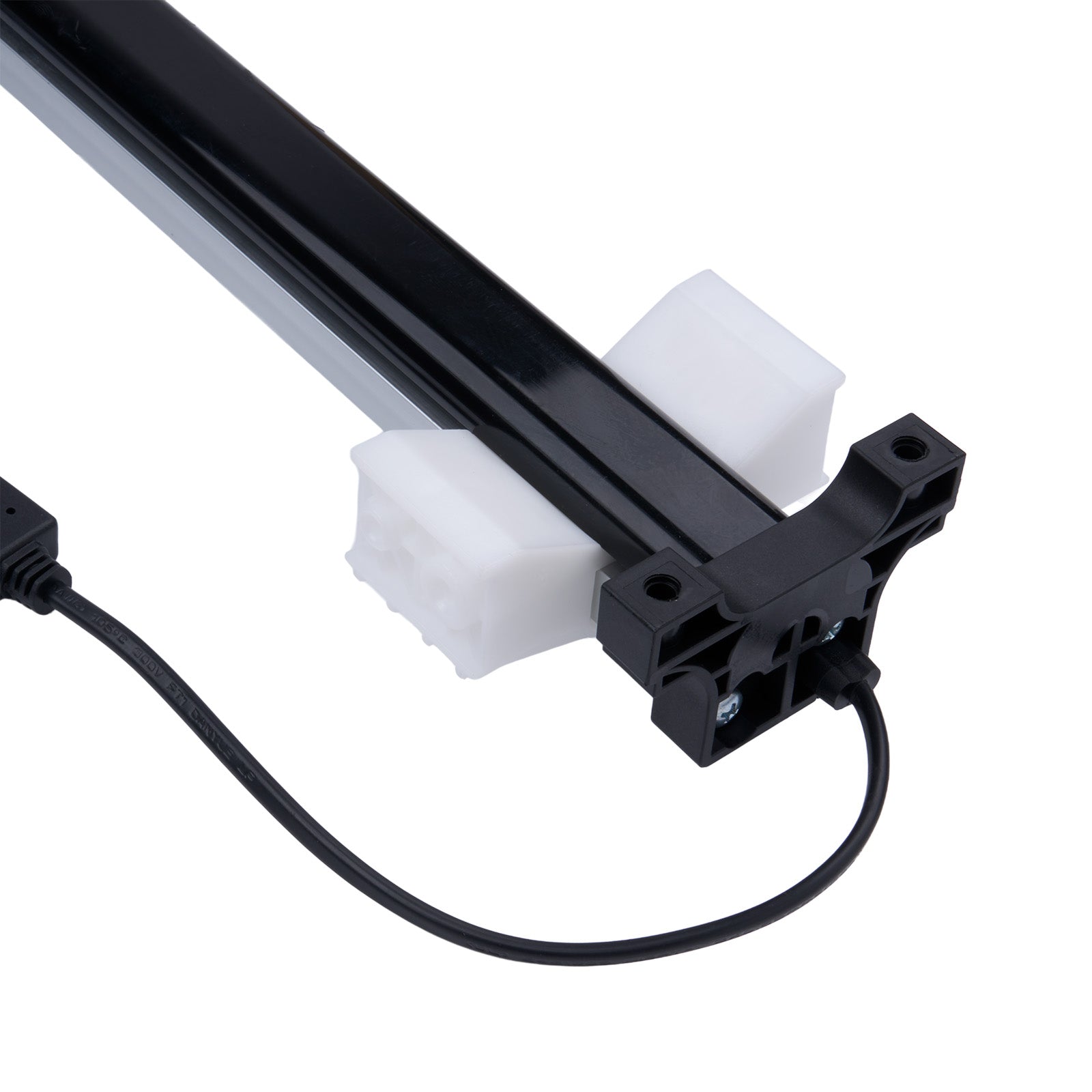 Black metal rod with white plastic connectors and a black cable on a white background