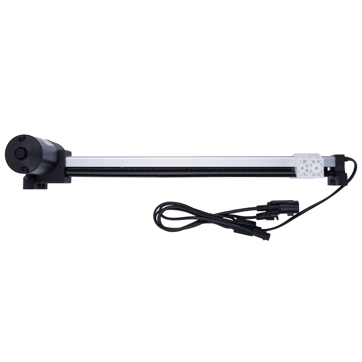 Long rectangular light fixture with a black base on a white background