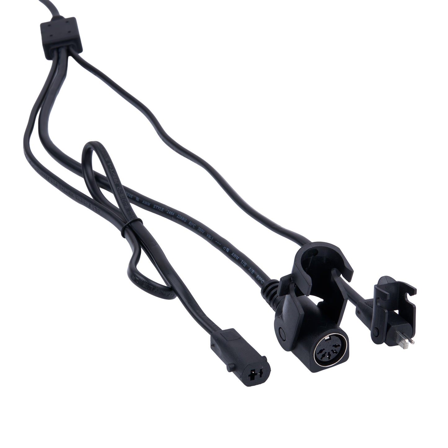 Black cable with connectors on a white background