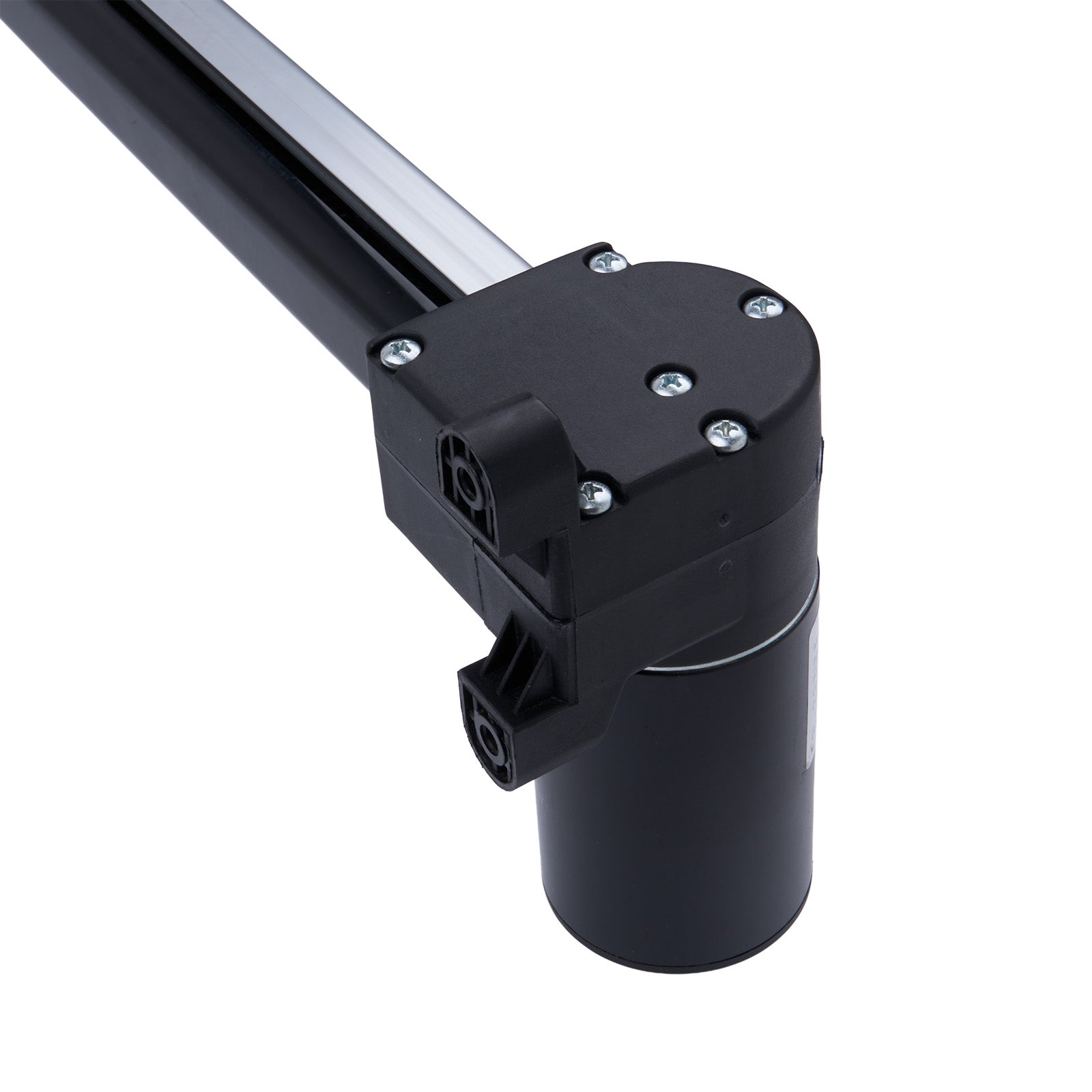 Black cylindrical mechanical component with metal rod on a white background