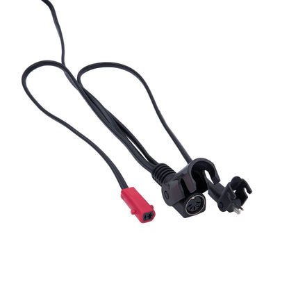 Black electrical cable with red connector and black plug on a white background