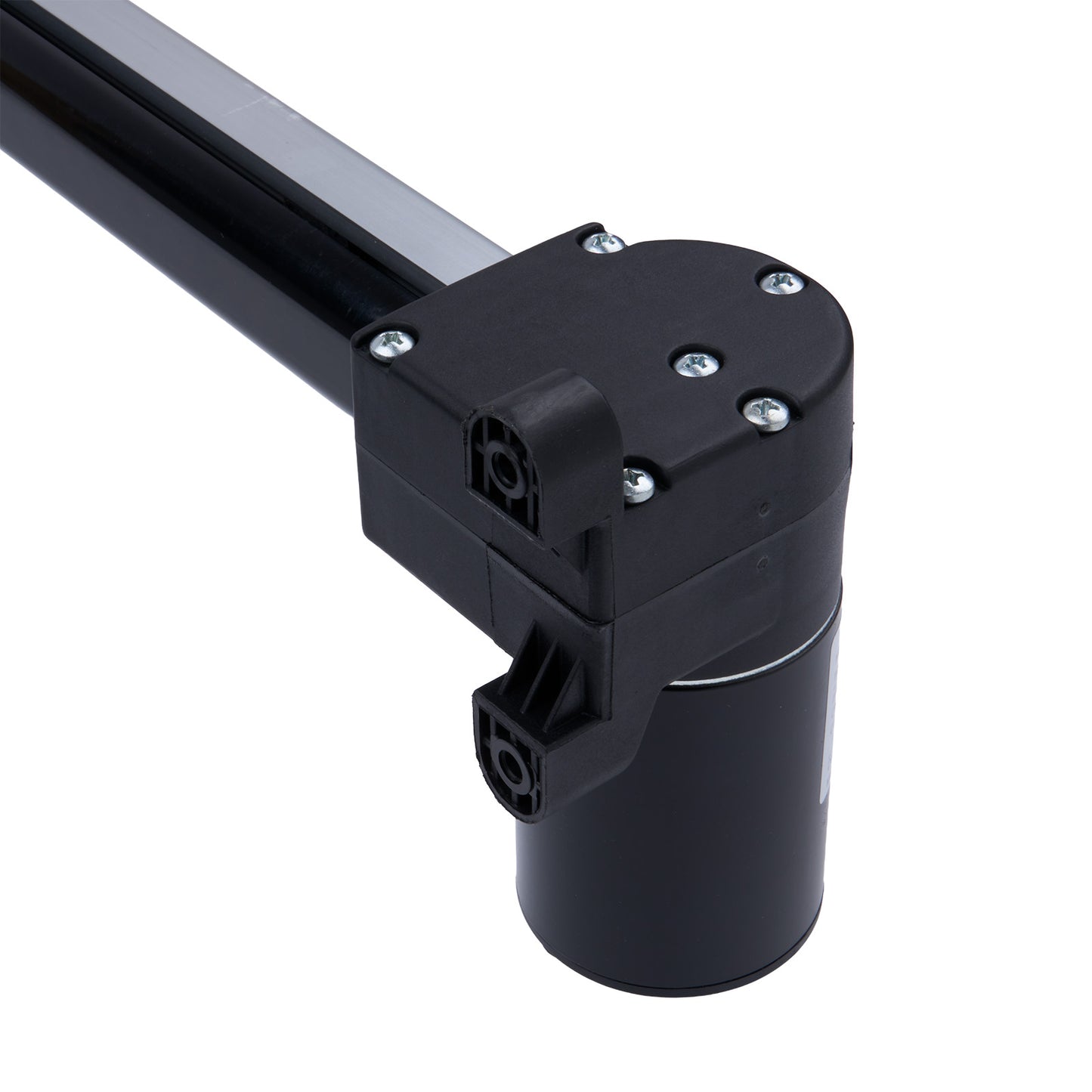 Black mechanical component with connectors on a white background