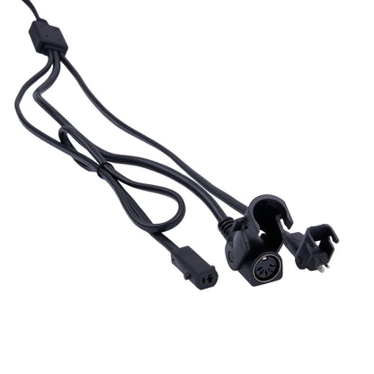 Black electrical cord with connectors on a white background