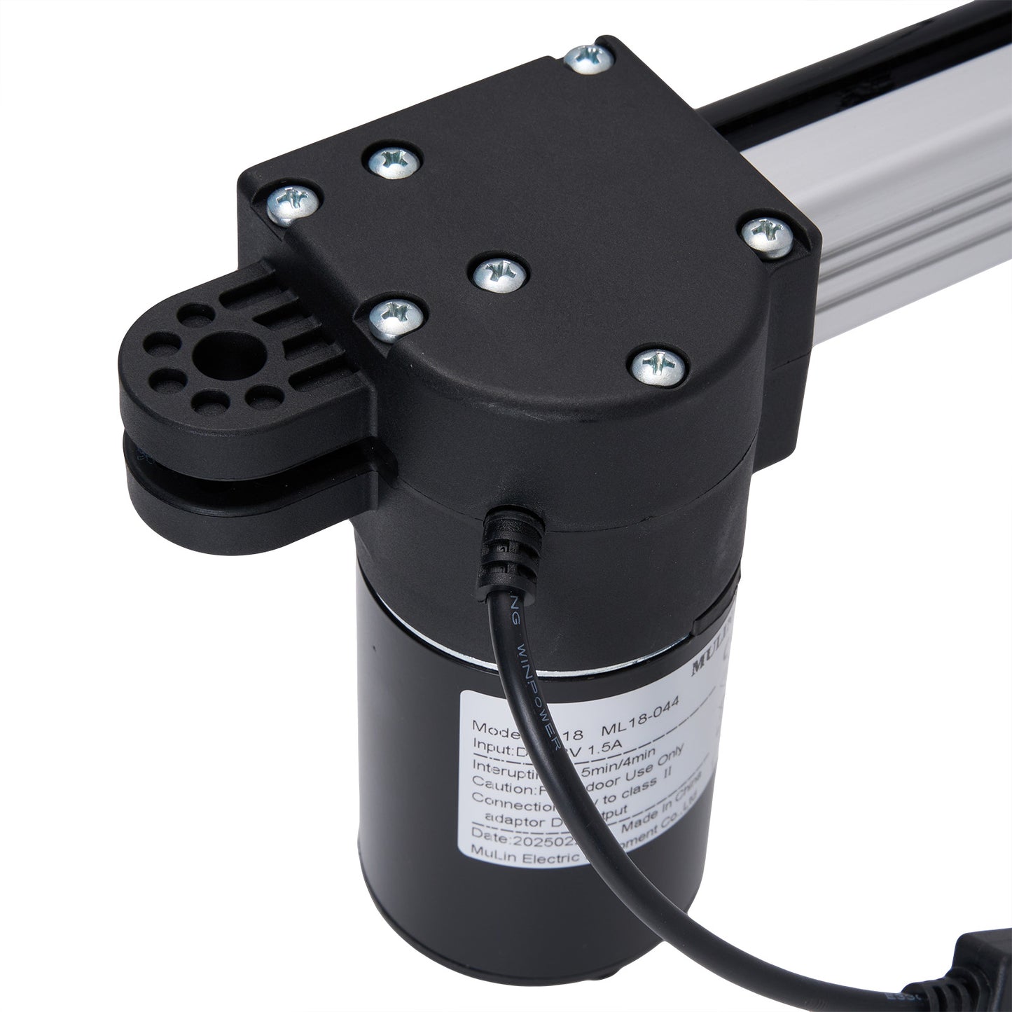Black linear actuator with visible branding on a white background