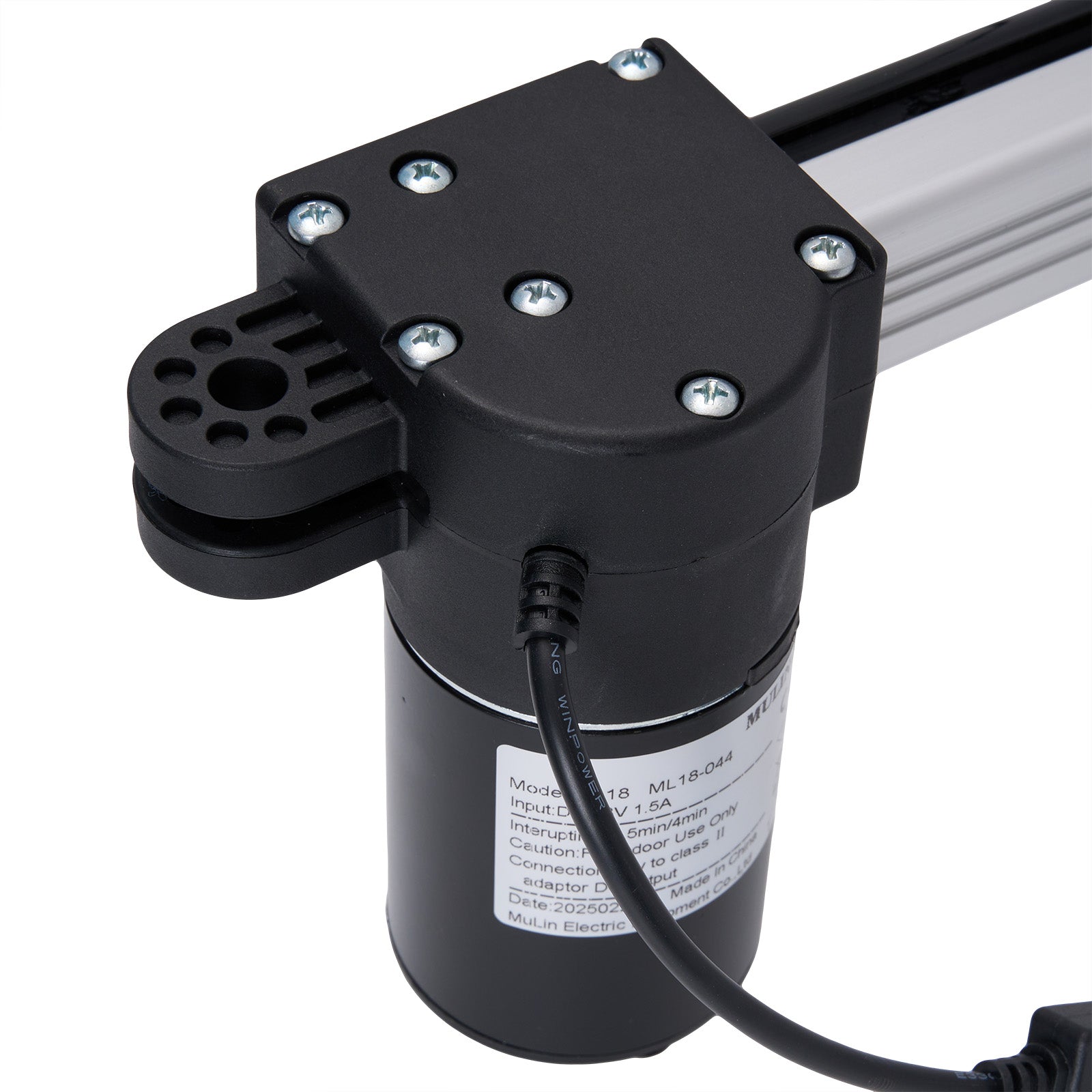 Black linear actuator with visible branding on a white background