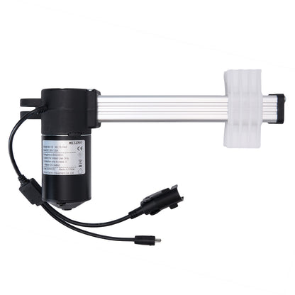 MULIN ML18-044 linear actuator, with a black motor housing, a white actuation rod, and attached cables with plugs.