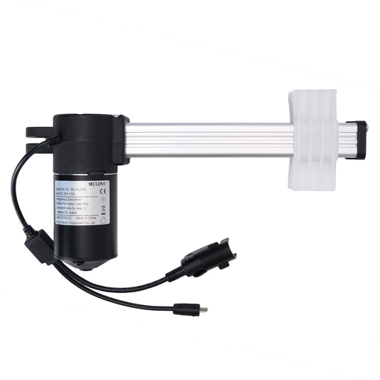 MULIN ML18-044 linear actuator, with a black motor housing, a white actuation rod, and attached cables with plugs.