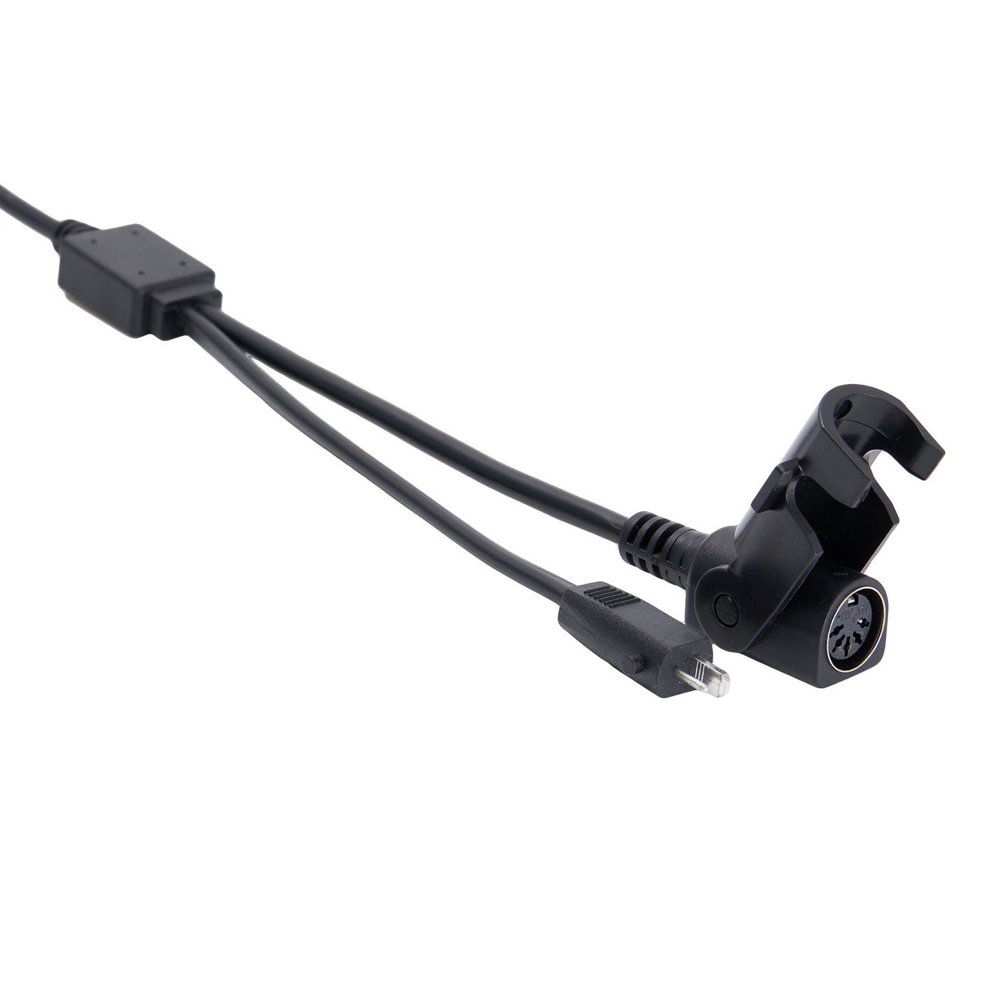 Black audio cable with connectors on a white background