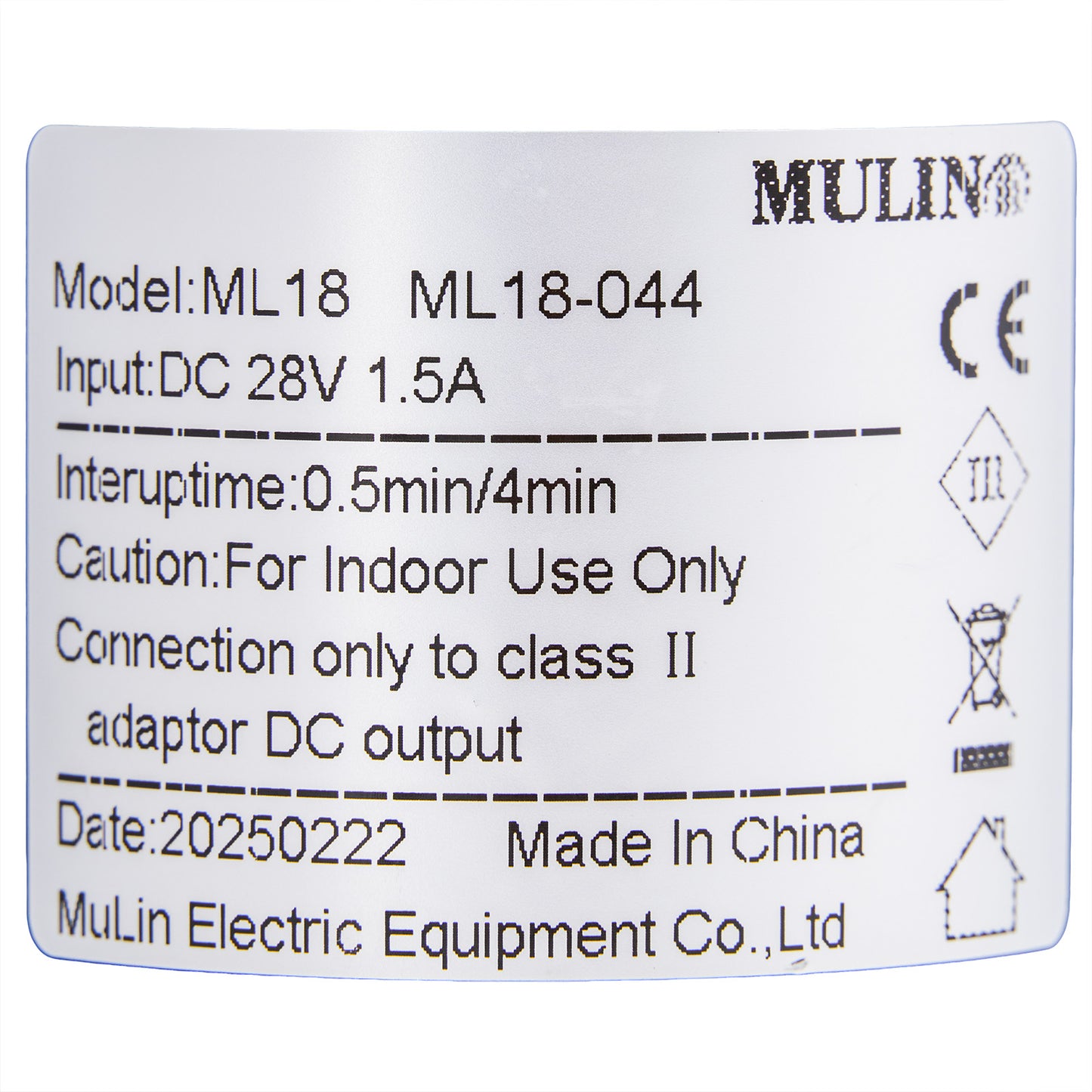 Technical label with specifications for a product by Mulin Electric Equipment Co., Ltd.