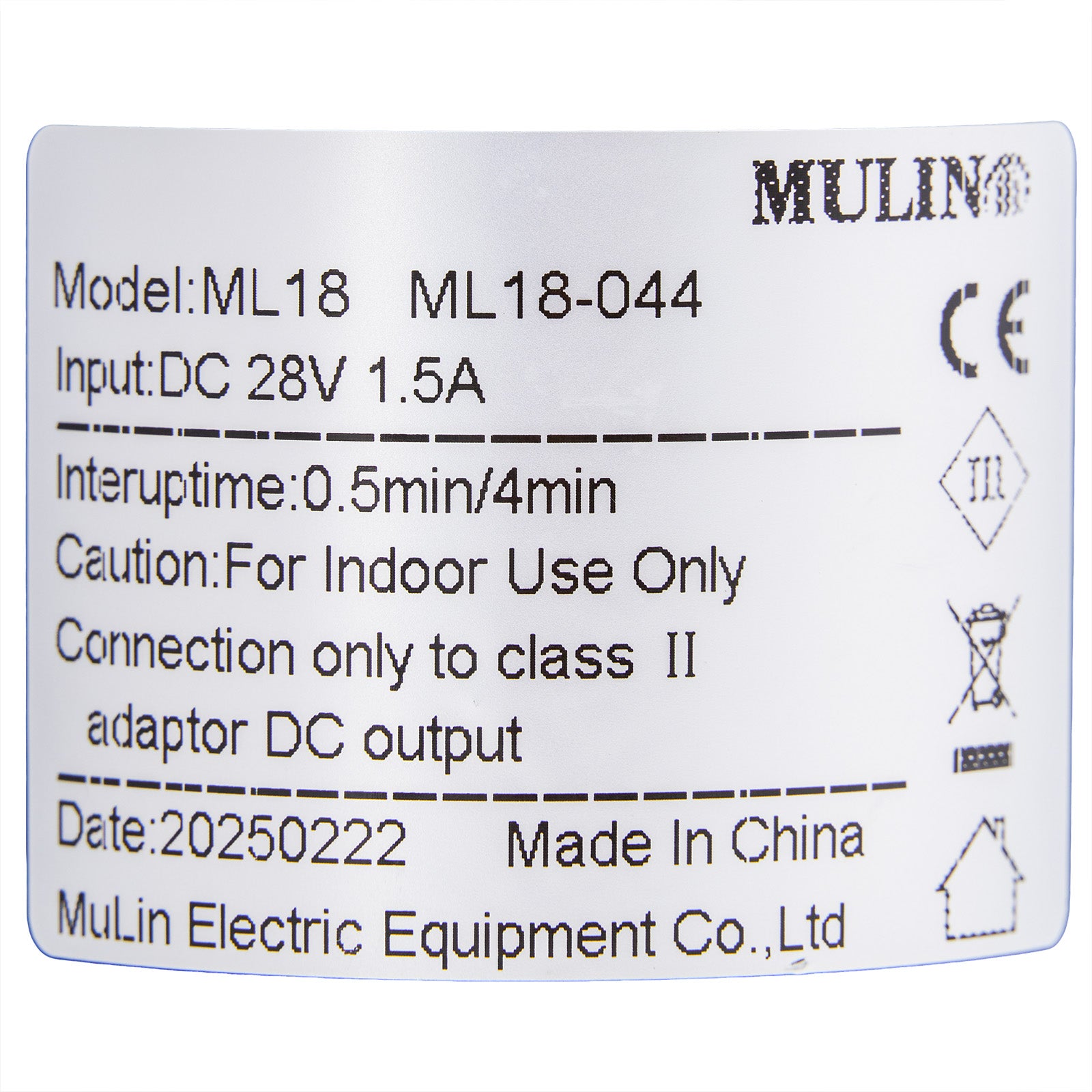Technical label with specifications for a product by Mulin Electric Equipment Co., Ltd.