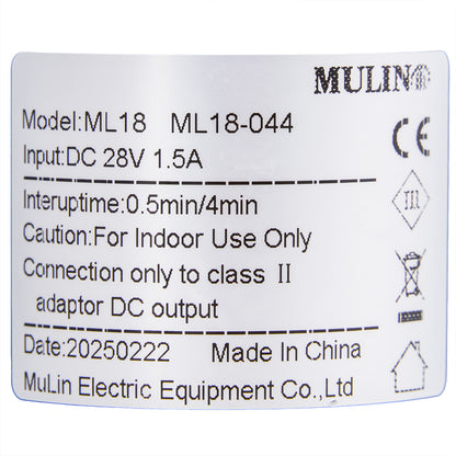 Technical label with specifications for a product by Mulin Electric Equipment Co., Ltd.