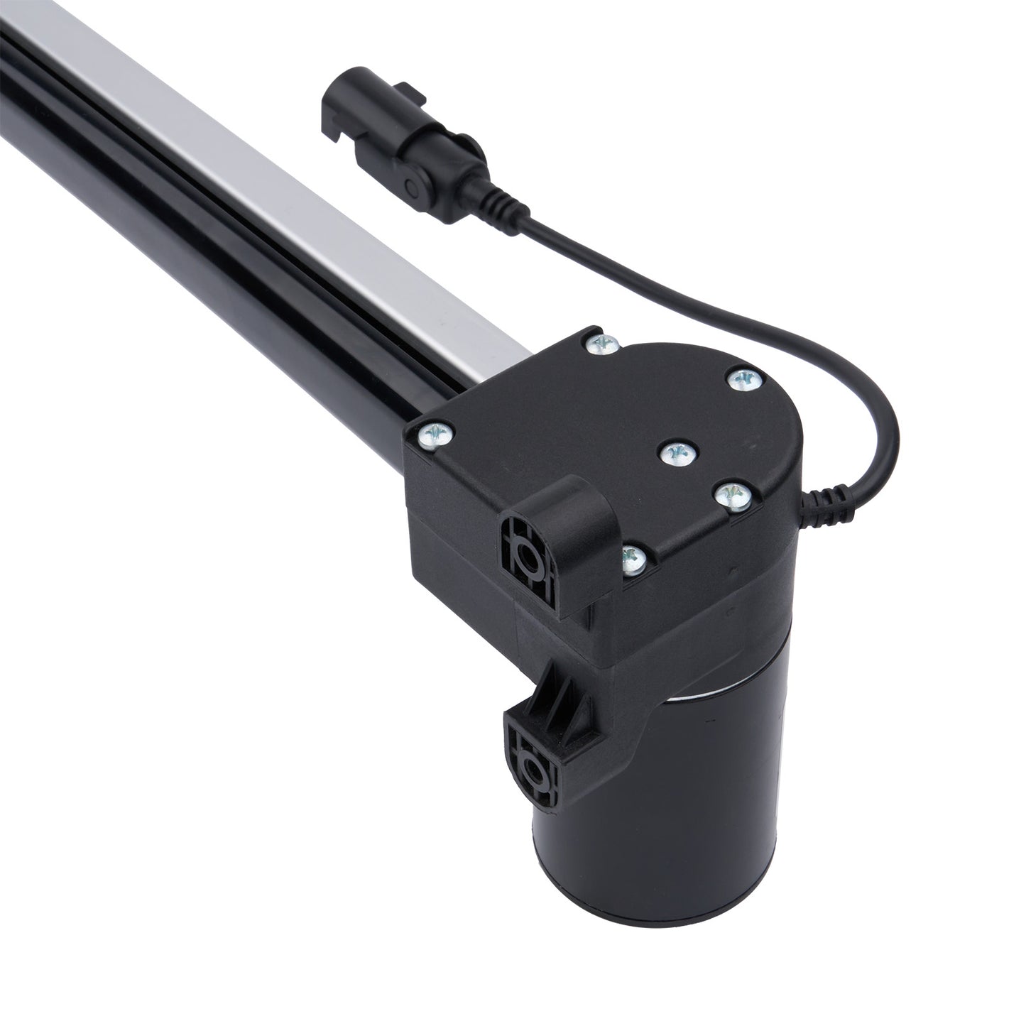 Black linear actuator with cable on a white background