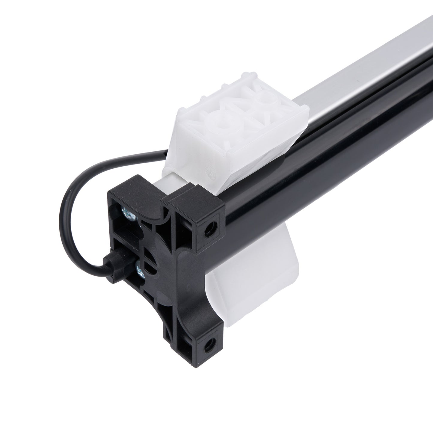 Close-up of a mechanical arm with a white object on a white background