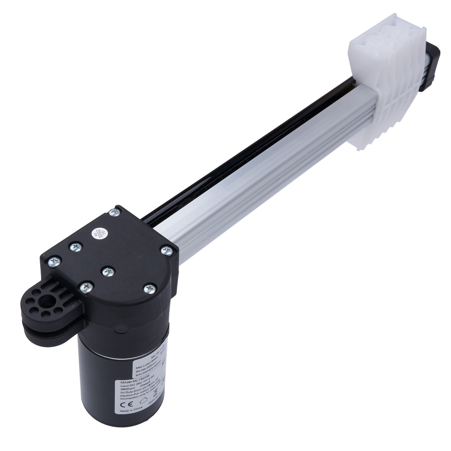 Linear actuator with black housing and white rod on a white background