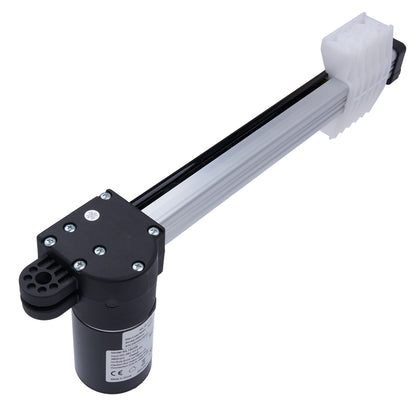 Linear actuator with black housing and white rod on a white background