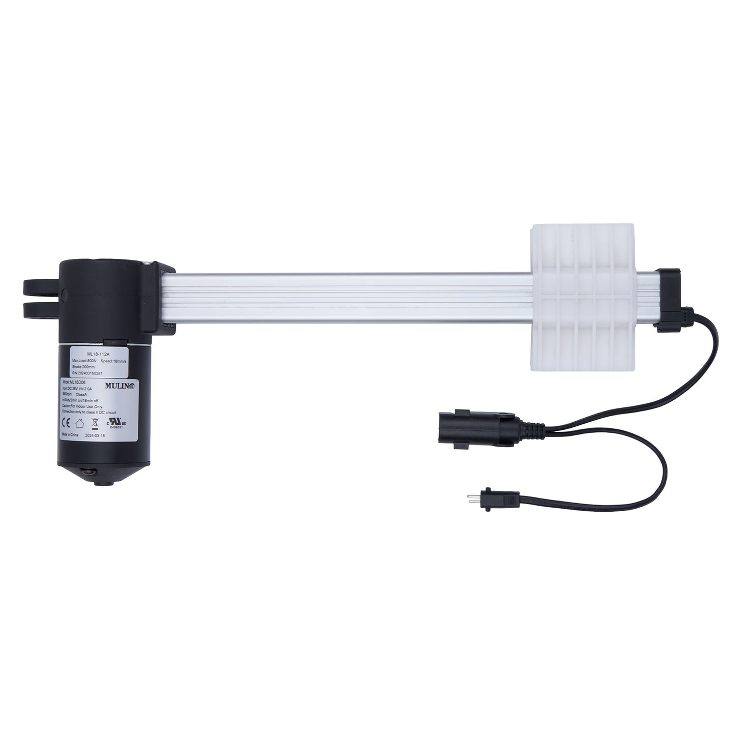 Electrical component with black housing and white cable on a white background