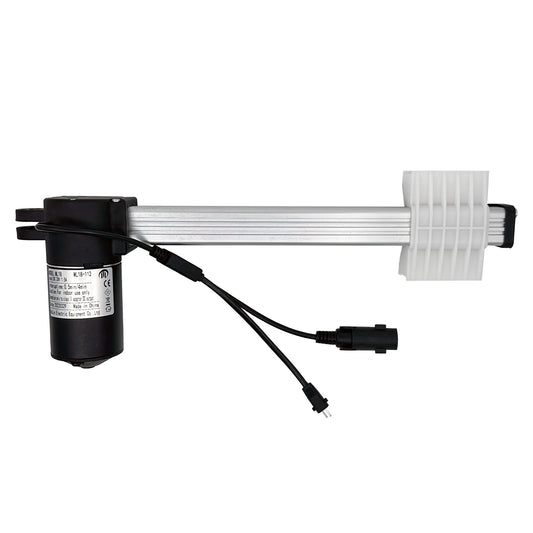 A MULIN ML18-112 linear actuator for recliner or lift chair, showing a black motor, white shaft, and attached cables.