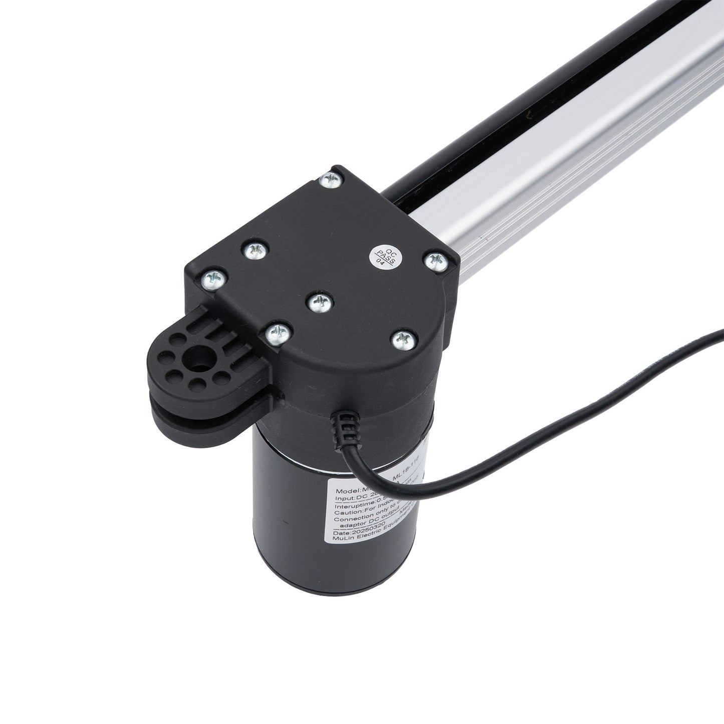 Black linear actuator with a cable on a white background