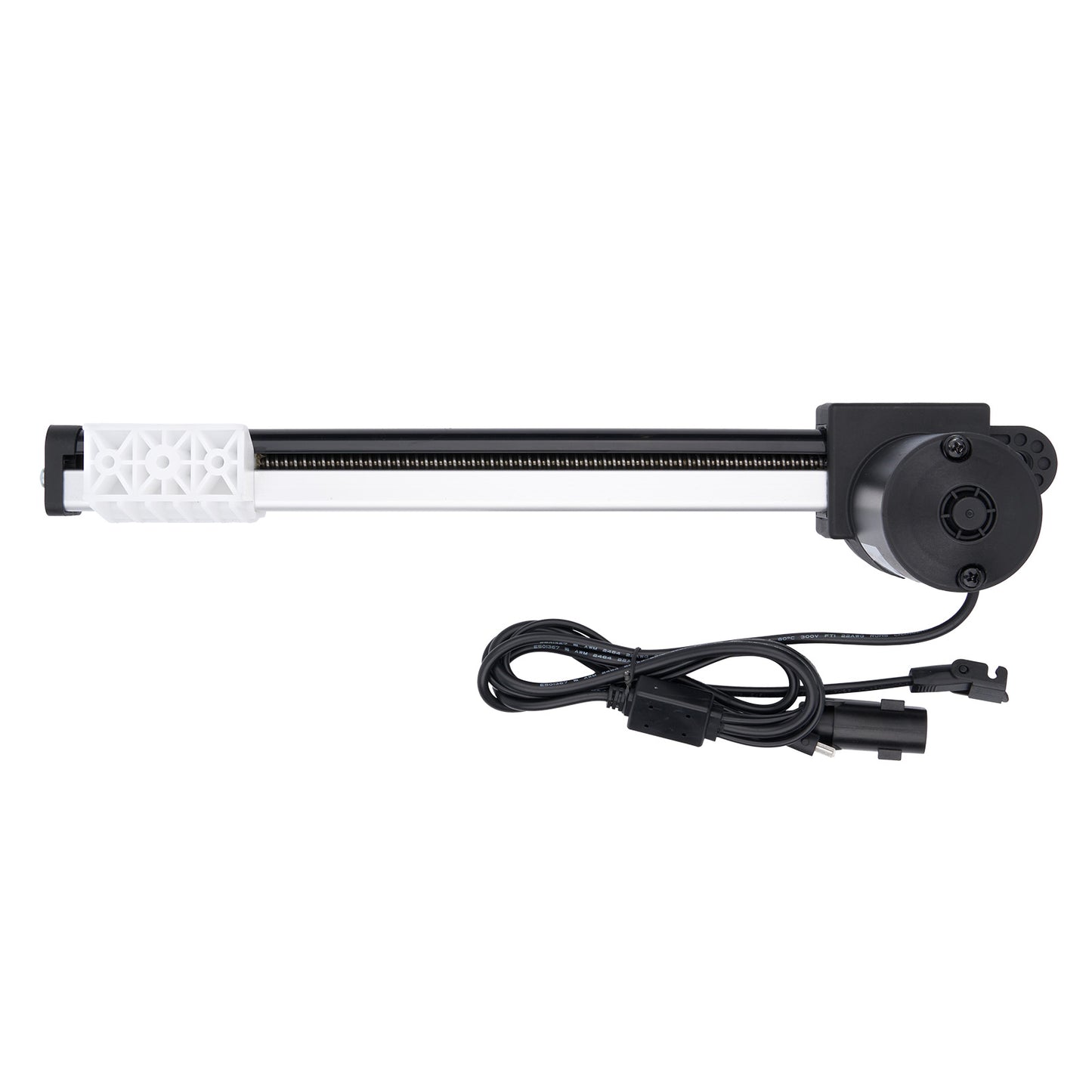 Black and white actuator with cable on a white background