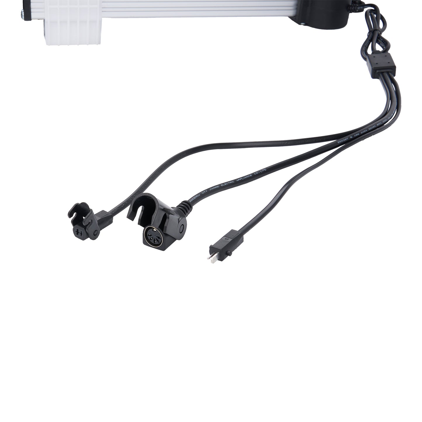 Black electrical cable with connectors on a white background