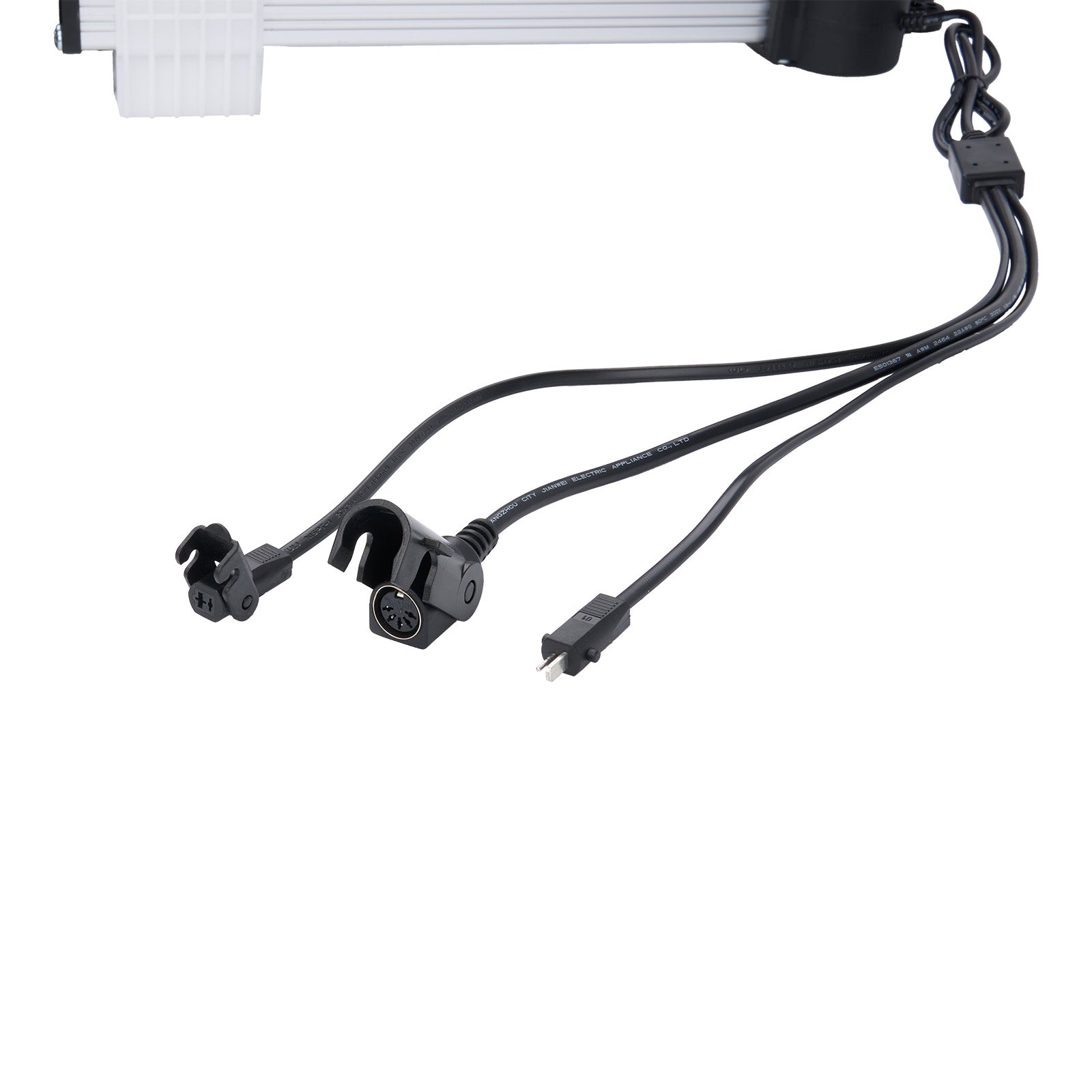 Black electrical cable with connectors on a white background