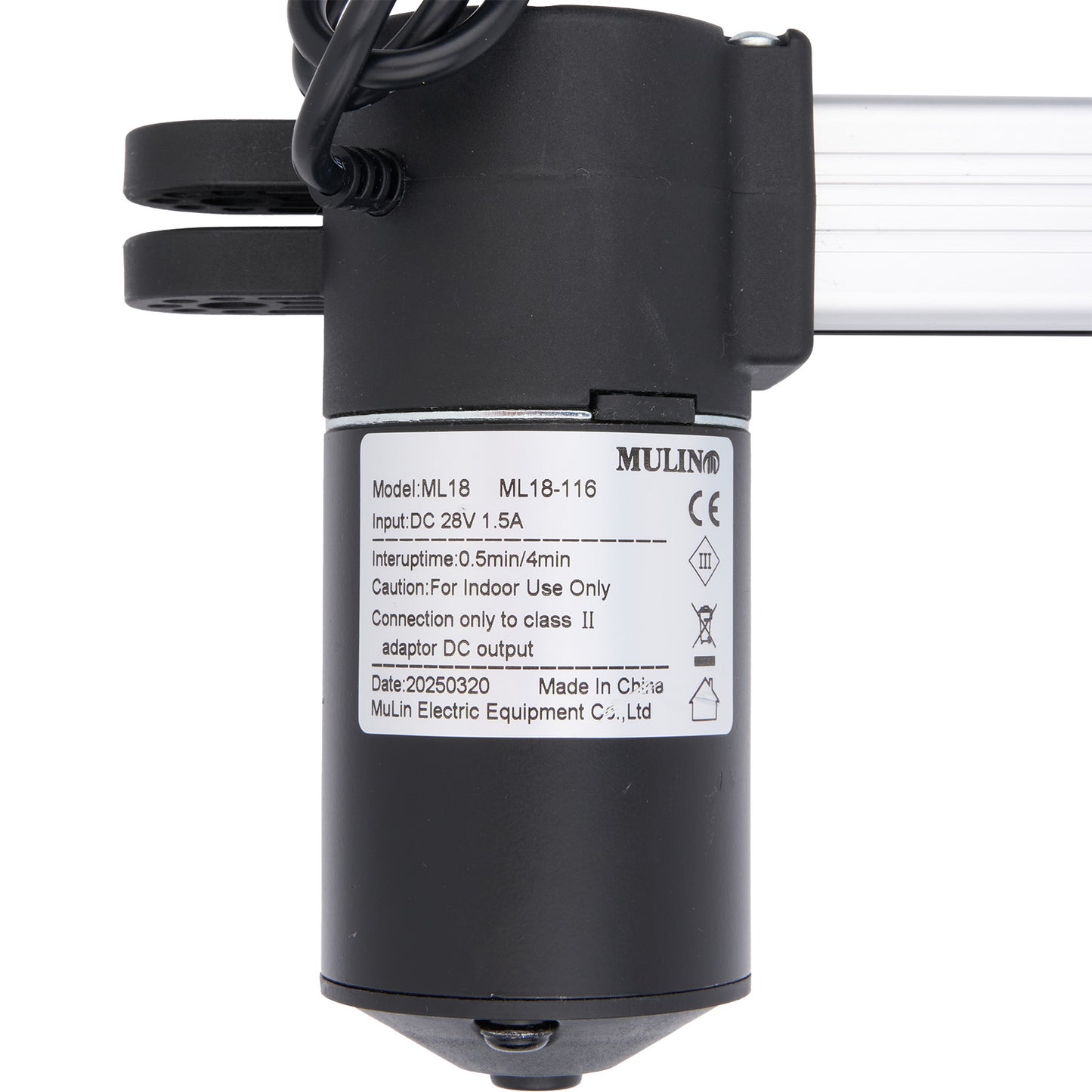 Black linear actuator with Mulin branding and specifications on a white background