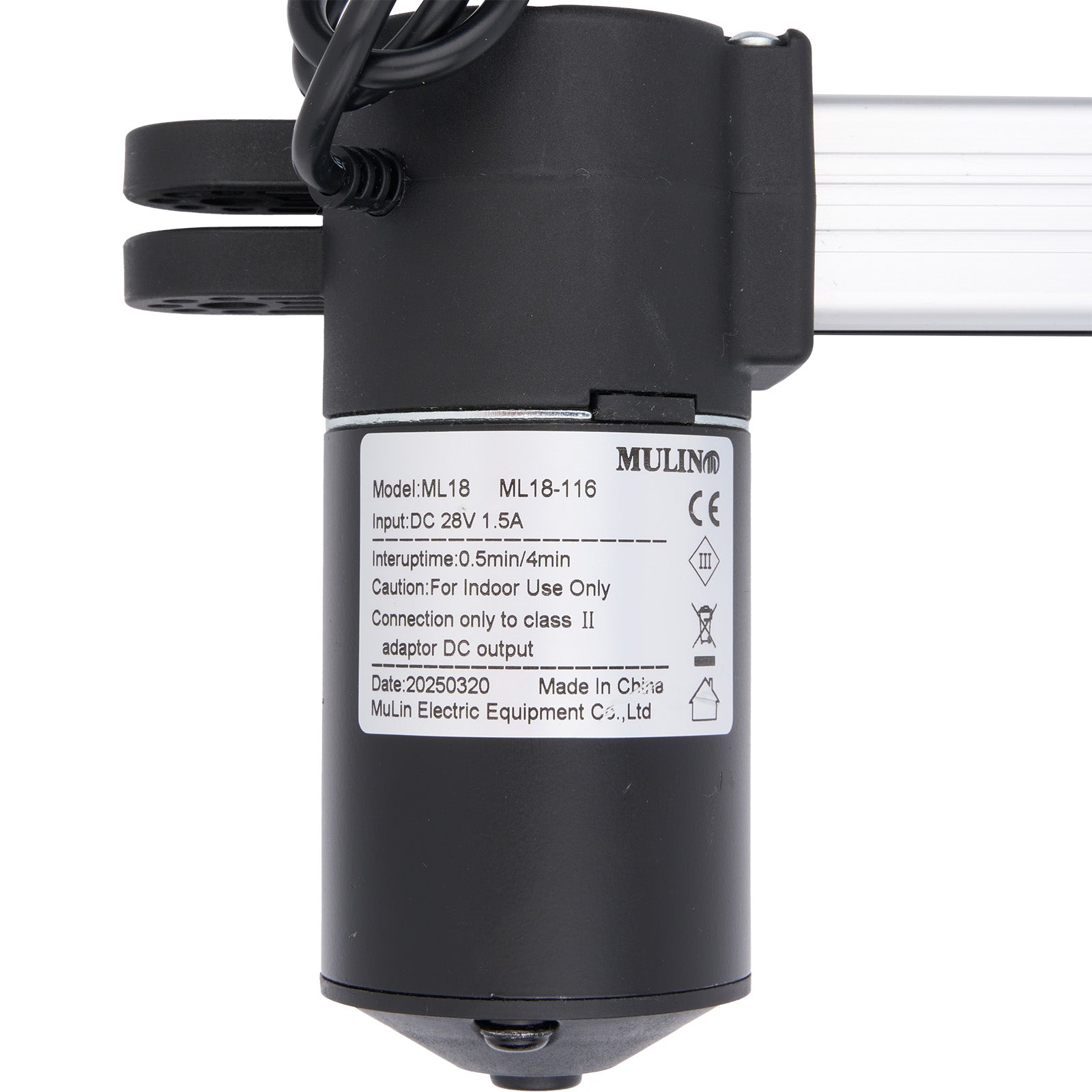 Black linear actuator with Mulin branding and specifications on a white background