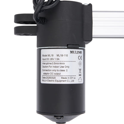 Black linear actuator with Mulin branding and specifications on a white background