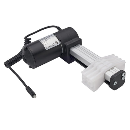 Black and white mechanical device with a coiled cable on a white background