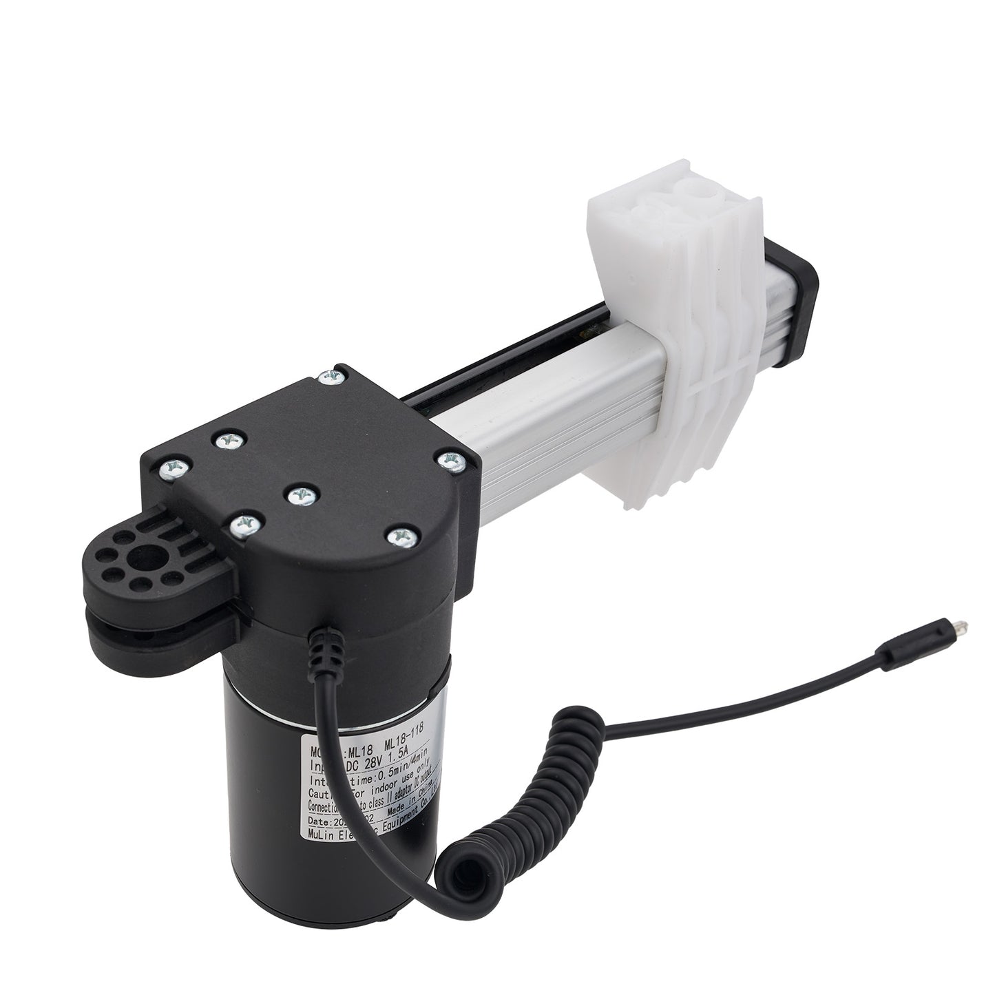 Black and white mechanical device with a coiled cable on a white background