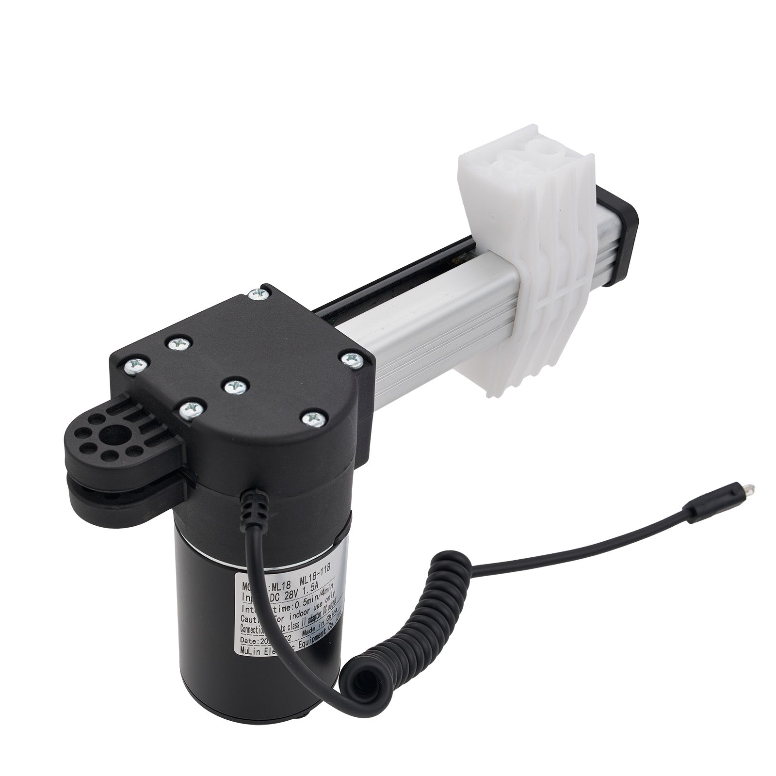 Black and white mechanical device with a coiled cable on a white background