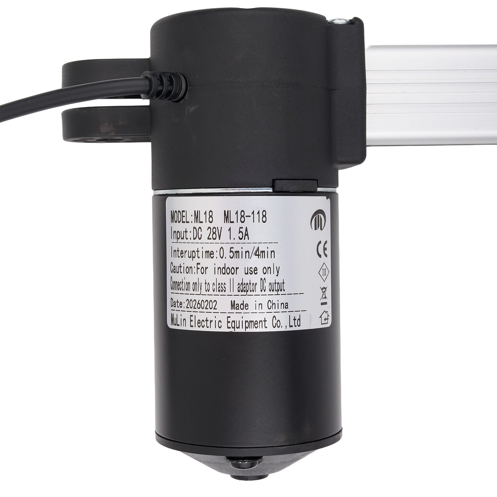 Black cylindrical electronic component with label on a white background