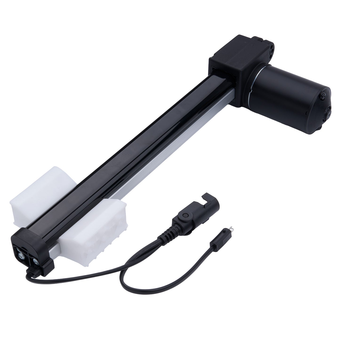 Black actuator with white foam pads and wiring on a white background