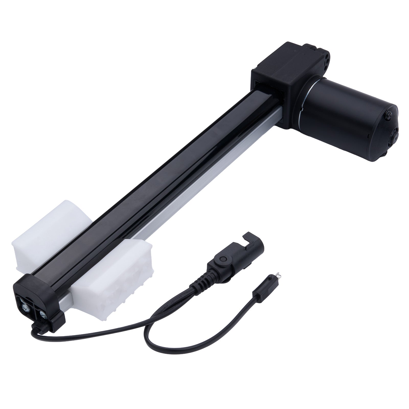 Black actuator with white foam pads and wiring on a white background