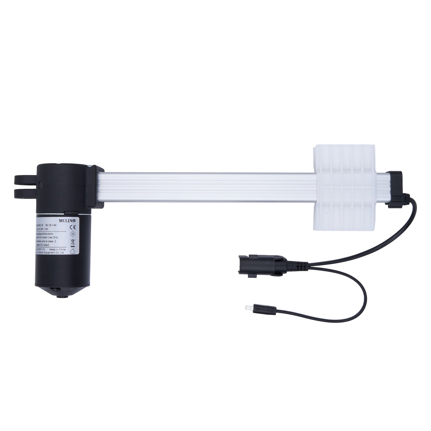 Mechanical arm with a black cylindrical component and white arm on a white background