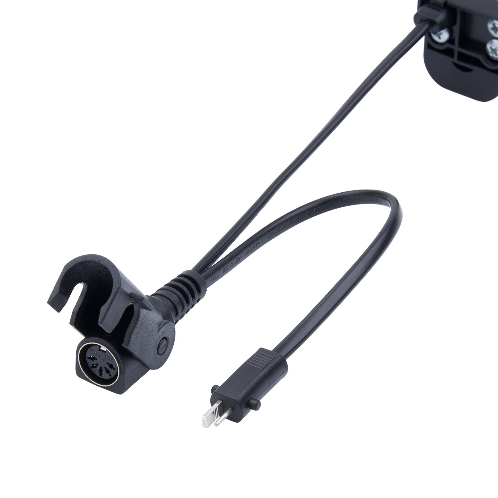 Black electrical plug and socket on a white background