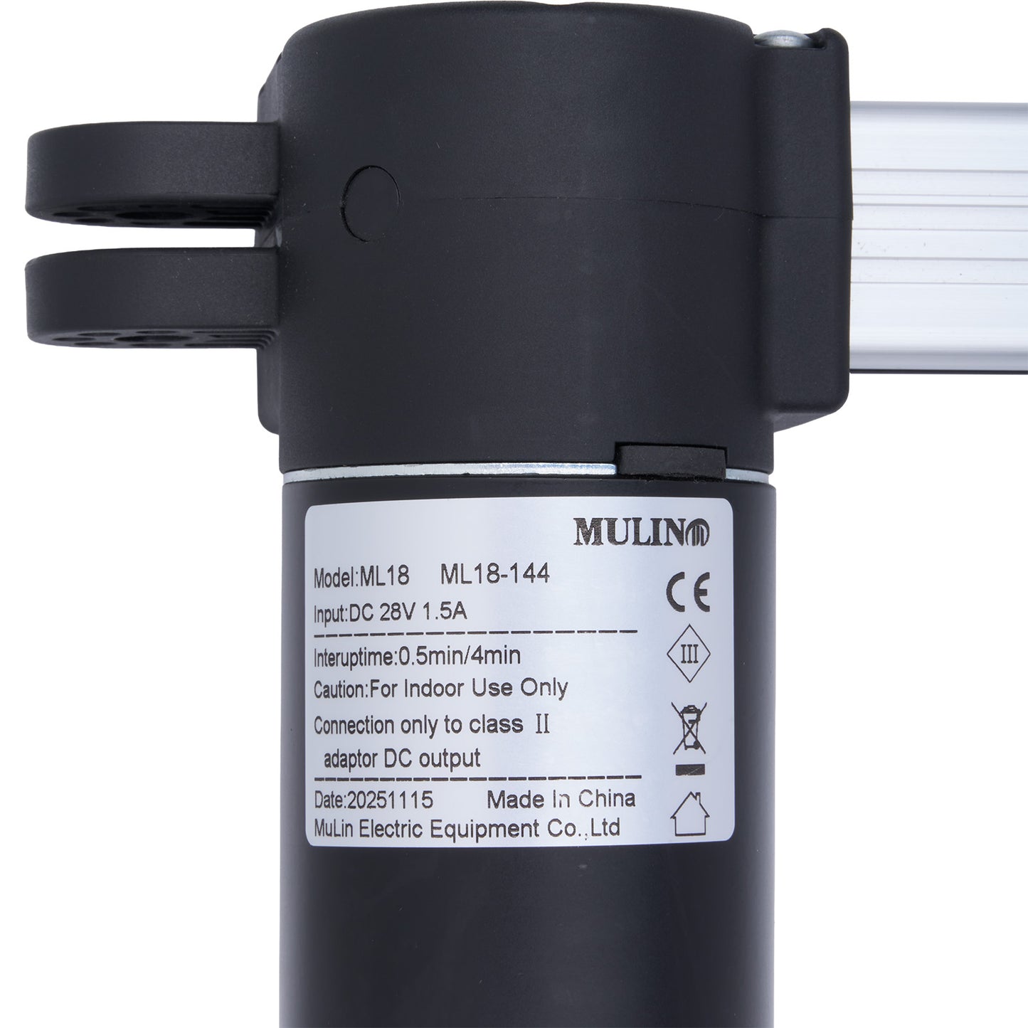 Black mechanical component with 'Mulino' branding and technical specifications on a white background