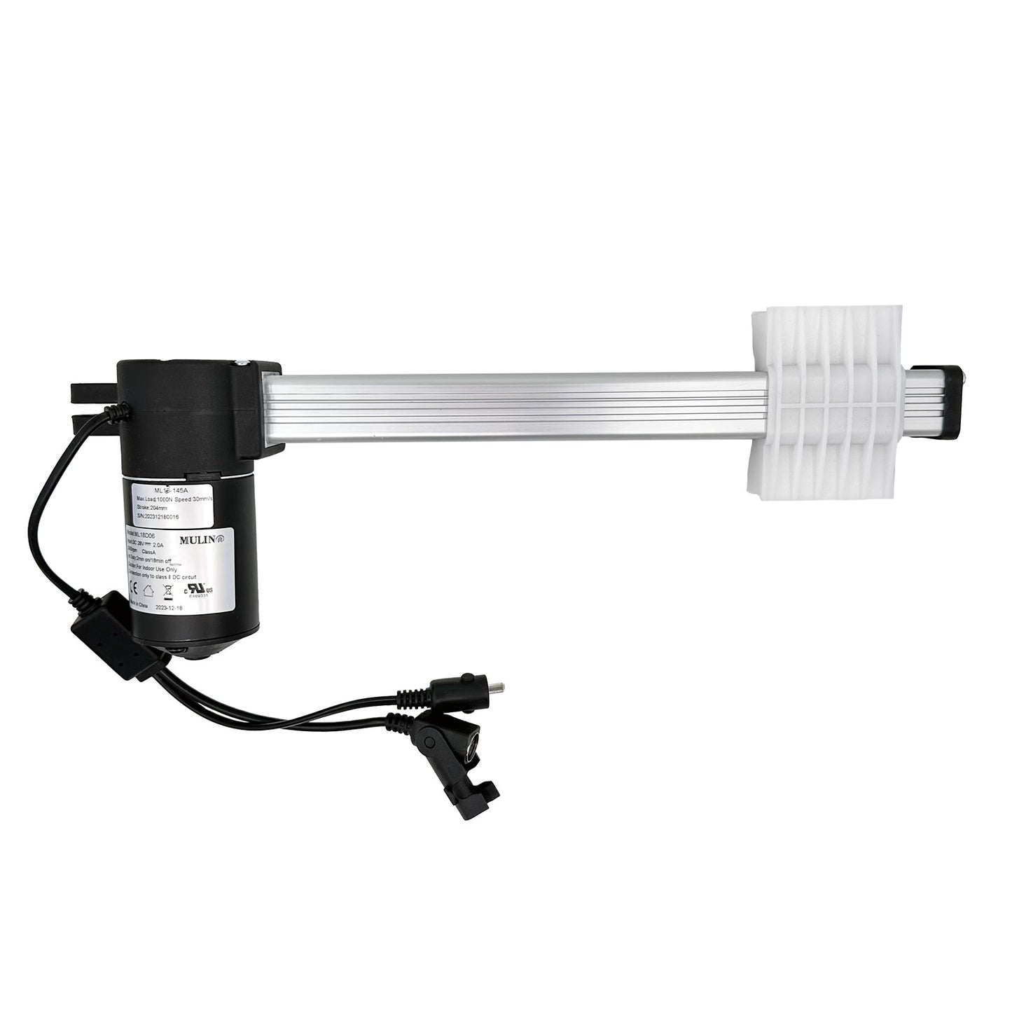 A MULIN ML18-145A linear actuator, with a black motor housing and a silver shaft, including two cables with plugs.