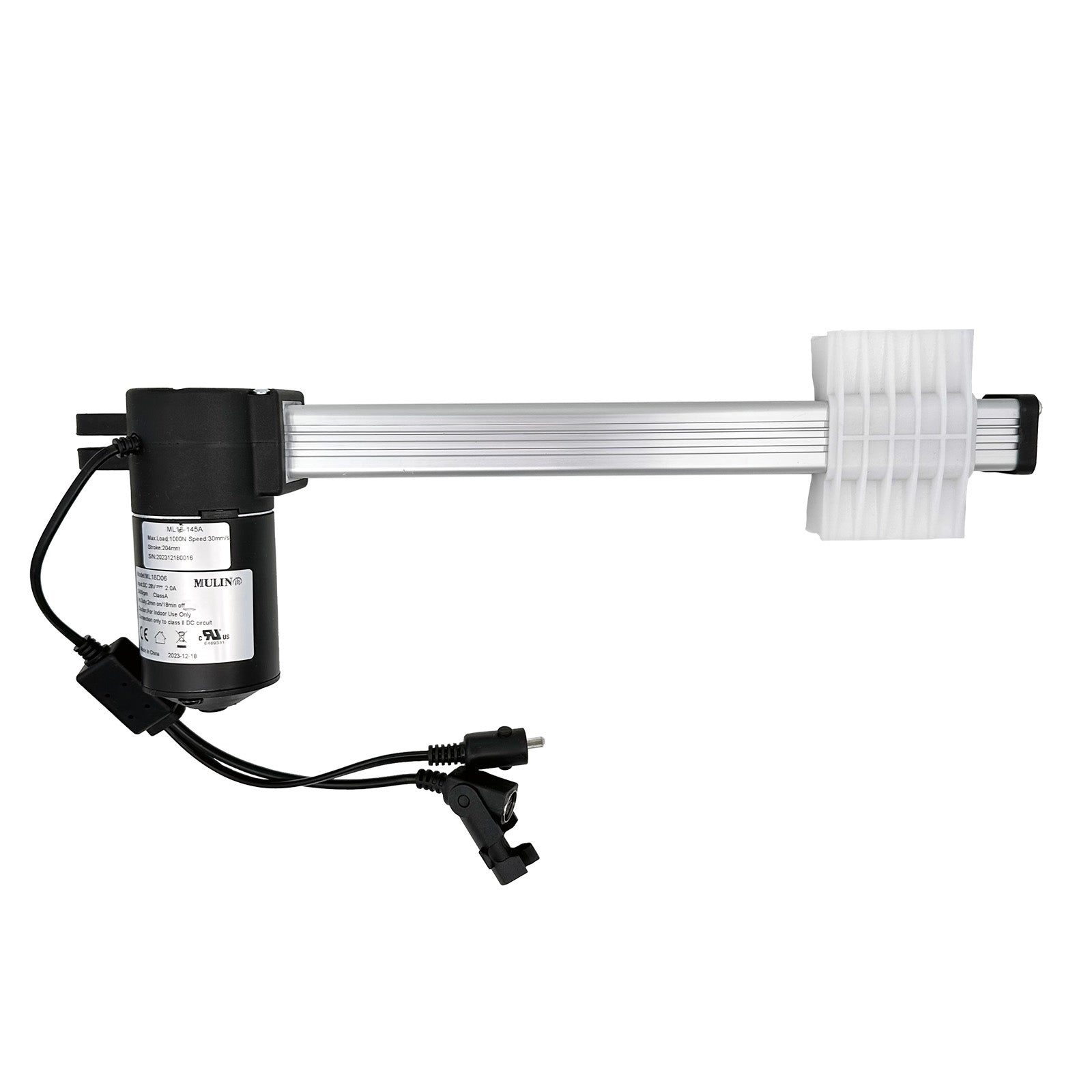 A MULIN ML18-145A linear actuator, with a black motor housing and a silver shaft, including two cables with plugs.