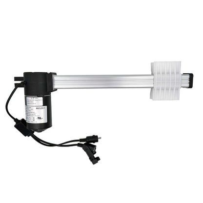 A MULIN ML18-145A linear actuator, with a black motor housing and a silver shaft, including two cables with plugs.