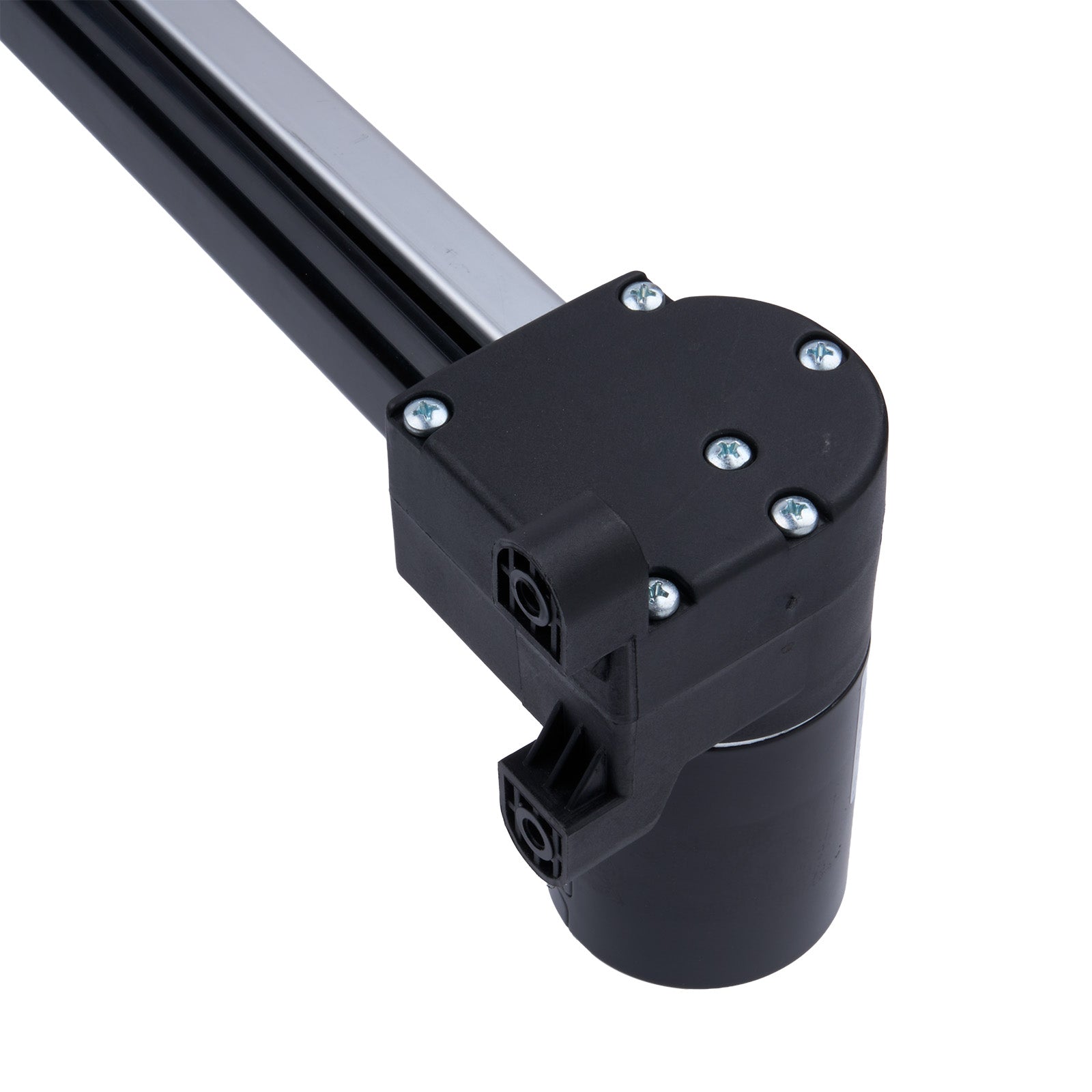 Black mechanical component with metallic rod on a white background