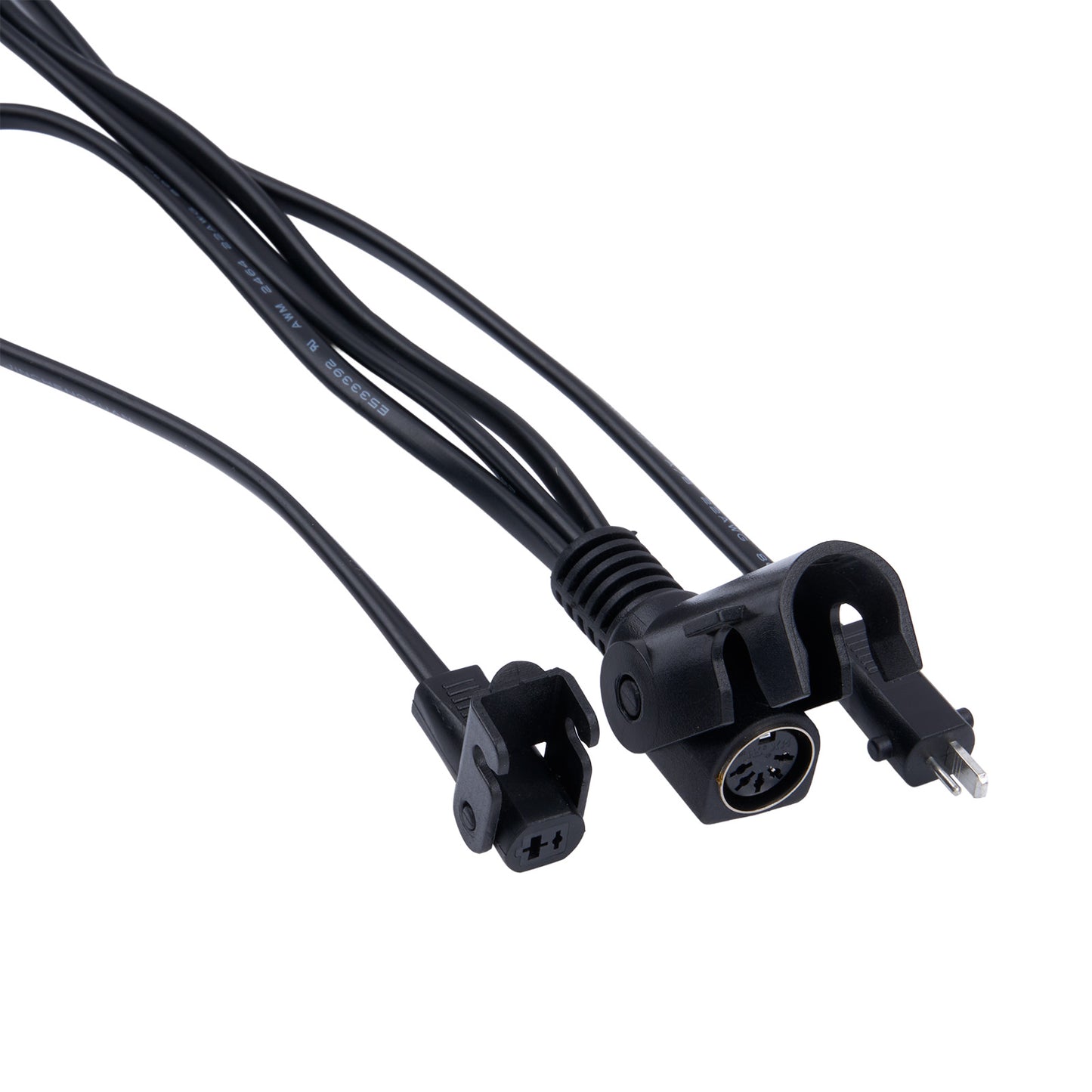 Black electrical cable with connectors on a white background
