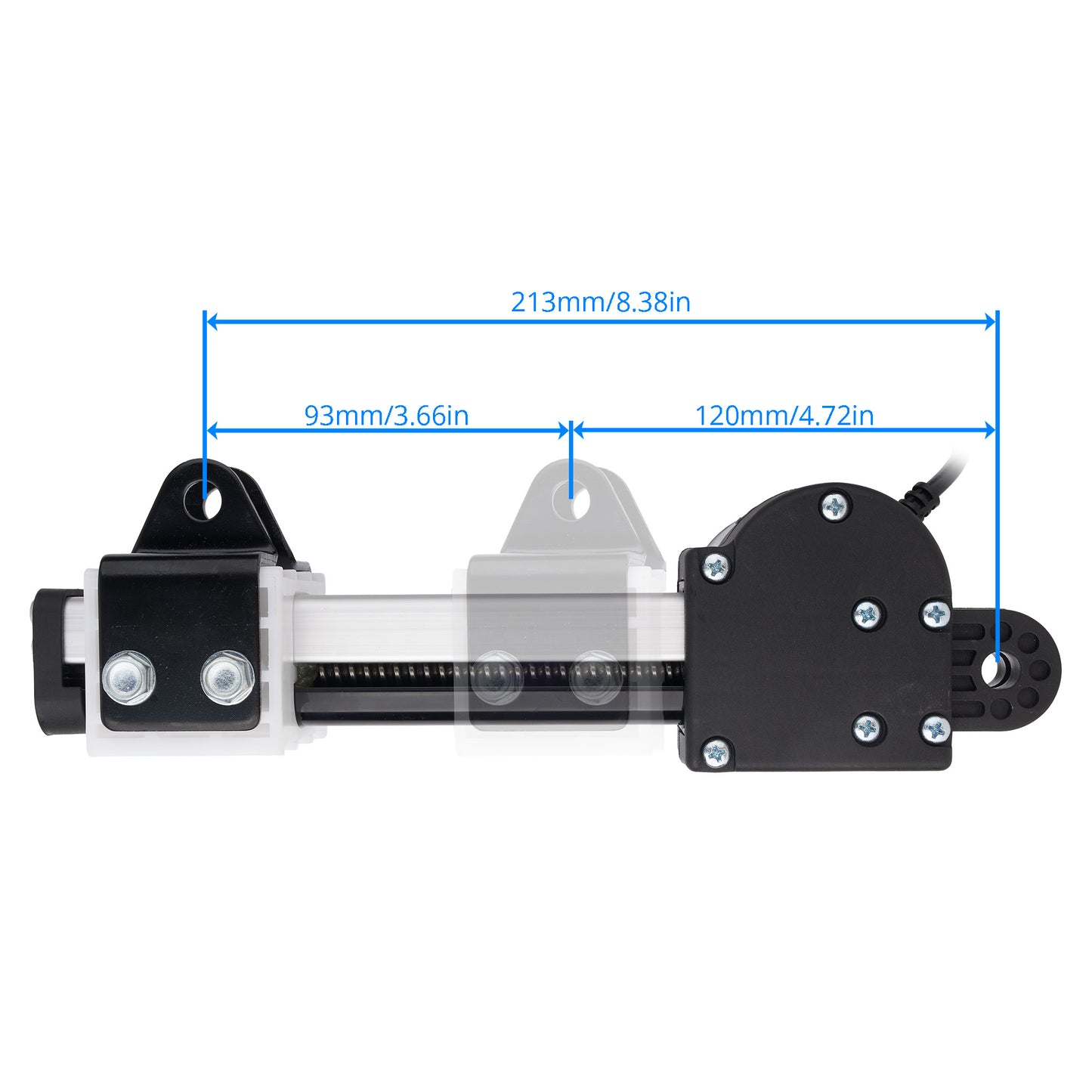 A black and clear linear guide rail assembly with blue dimension lines and text showing measurements of 213mm/8.38in, 93mm/3.
