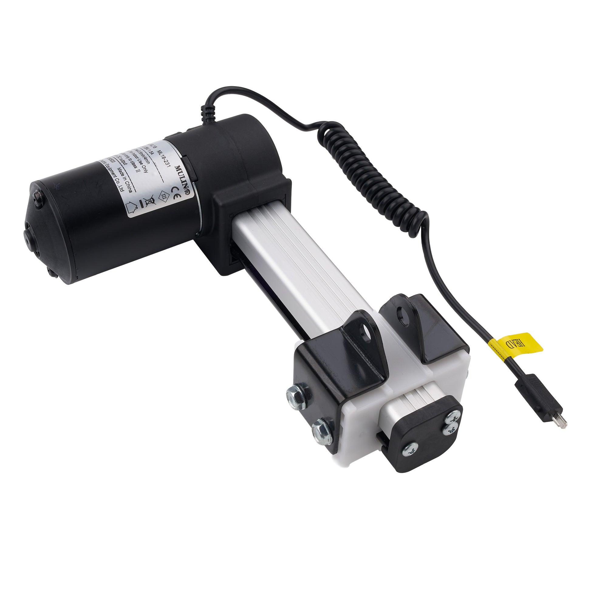 An electric linear actuator with a black motor housing, silver aluminum rod, black coiled cable, and black mounting brackets, shown on a white background.